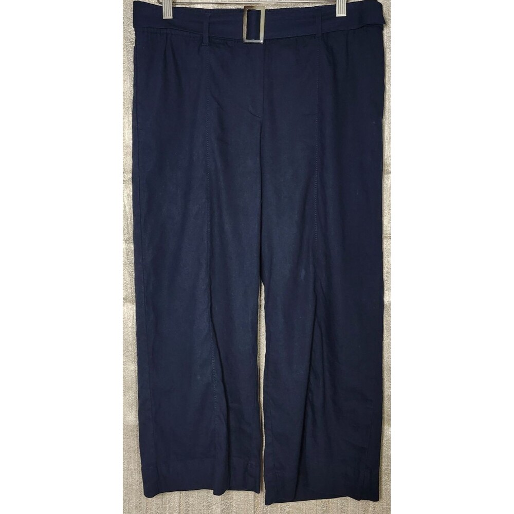 J. Jill Navy Blue Linen Stretch Wide Leg Crop Pants High Waist Belted Large